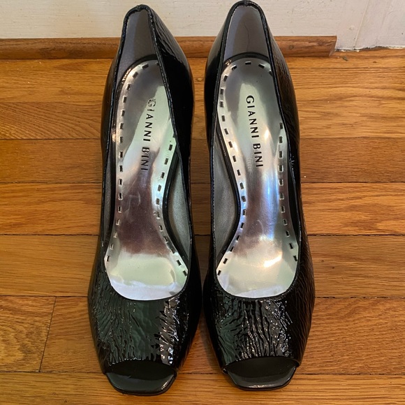 Black Patent Leather Peep Toe Pumps - Picture 1 of 9